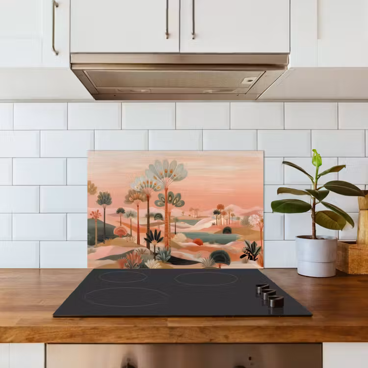 Roze landschap - Palmen - Water keuken achterwand spatscherm klein -sfeer2