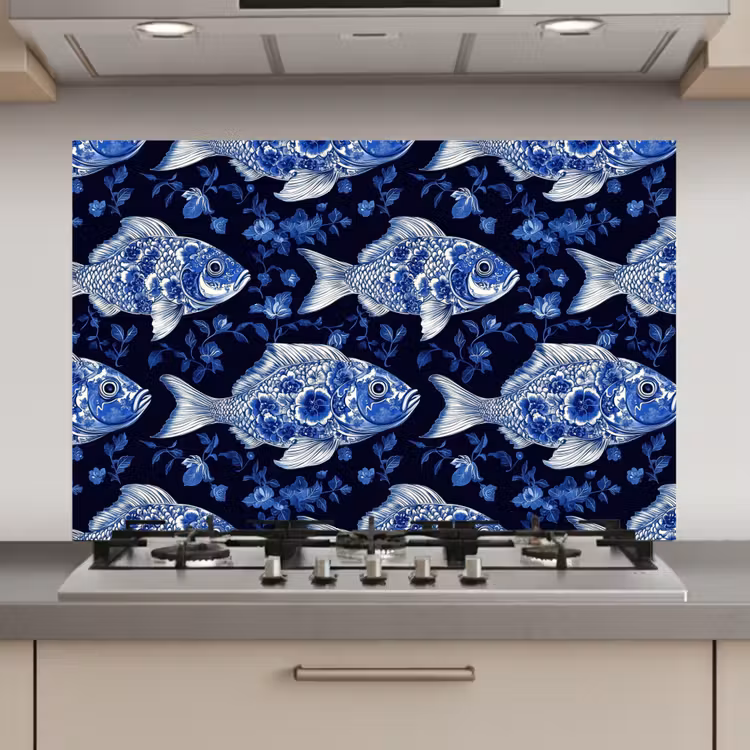 Vissen - Bloemen - Blauw keuken achterwand spatscherm klein 900 -3d_website