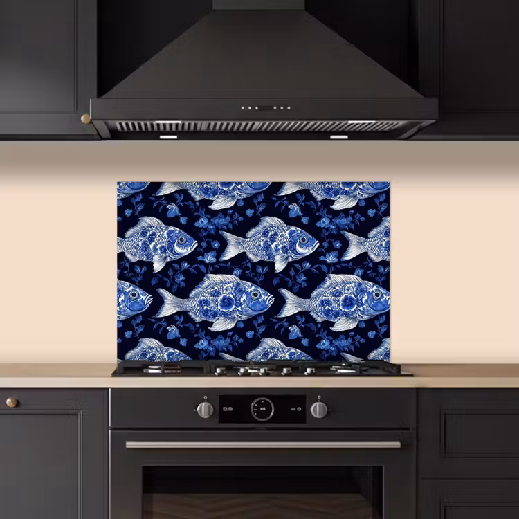 Vissen - Bloemen - Blauw keuken achterwand spatscherm klein 900 -sfeer1