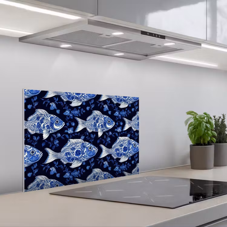 Vissen - Bloemen - Blauw keuken achterwand spatscherm klein 900 -3d_schuin
