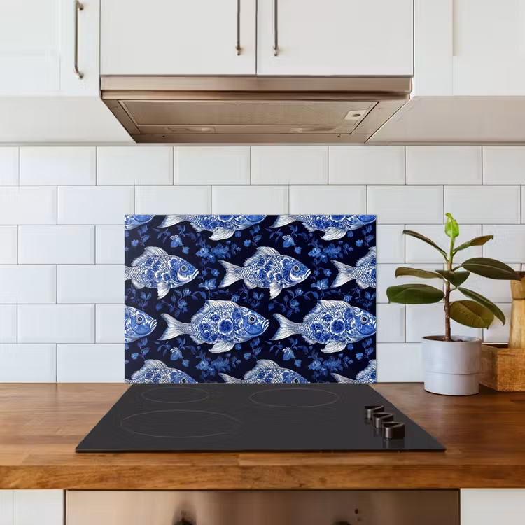 Vissen - Bloemen - Blauw keuken achterwand spatscherm klein 900 -sfeer2
