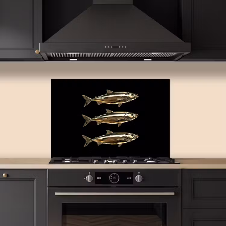 Vissen - Goud - Zwart keuken achterwand spatscherm klein -sfeer1