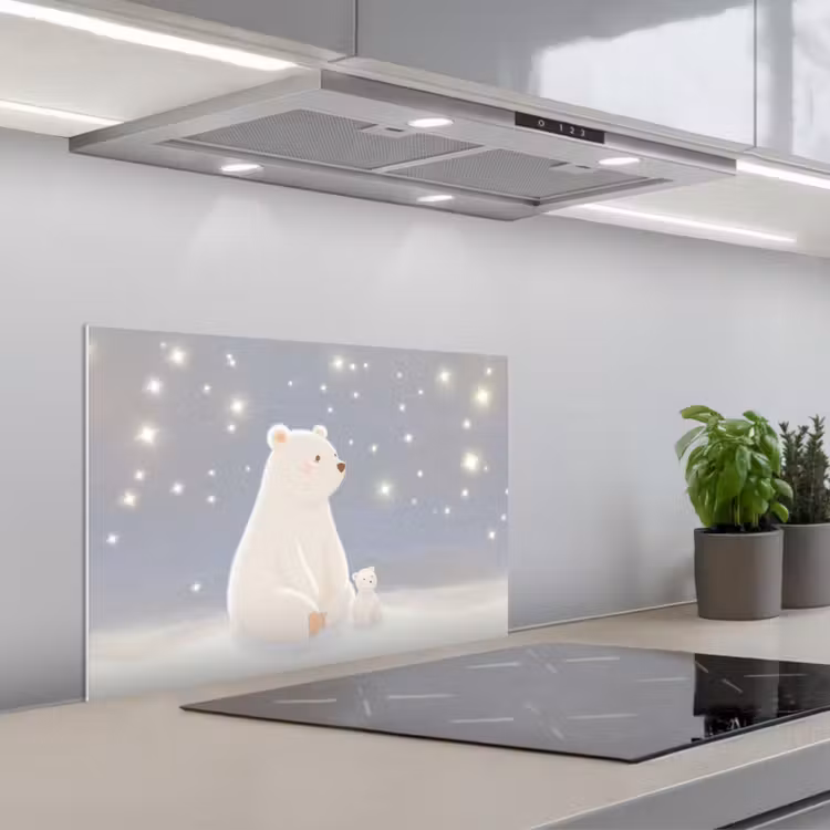 Ijsbeer - Sneeuw - Sterren - Blauw keuken achterwand spatscherm klein -3d_schuin