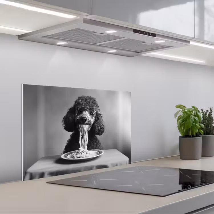 Poedel - Hond - Zwart - Wit - Schattig - Pasta keuken achterwand spatscherm klein -3d_schuin