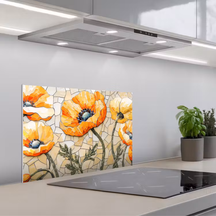 Klaprozen - Oranje - Mozaïek - Bladeren keuken achterwand spatscherm klein -3d_schuin
