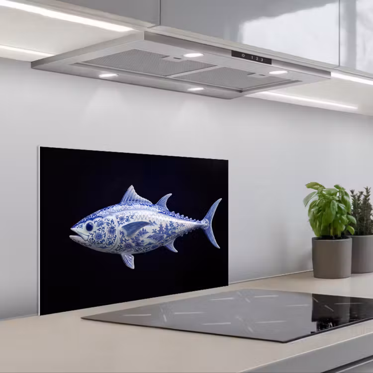 Porselein - Tonijn - Delfts - Blauw keuken achterwand spatscherm klein -3d_schuin