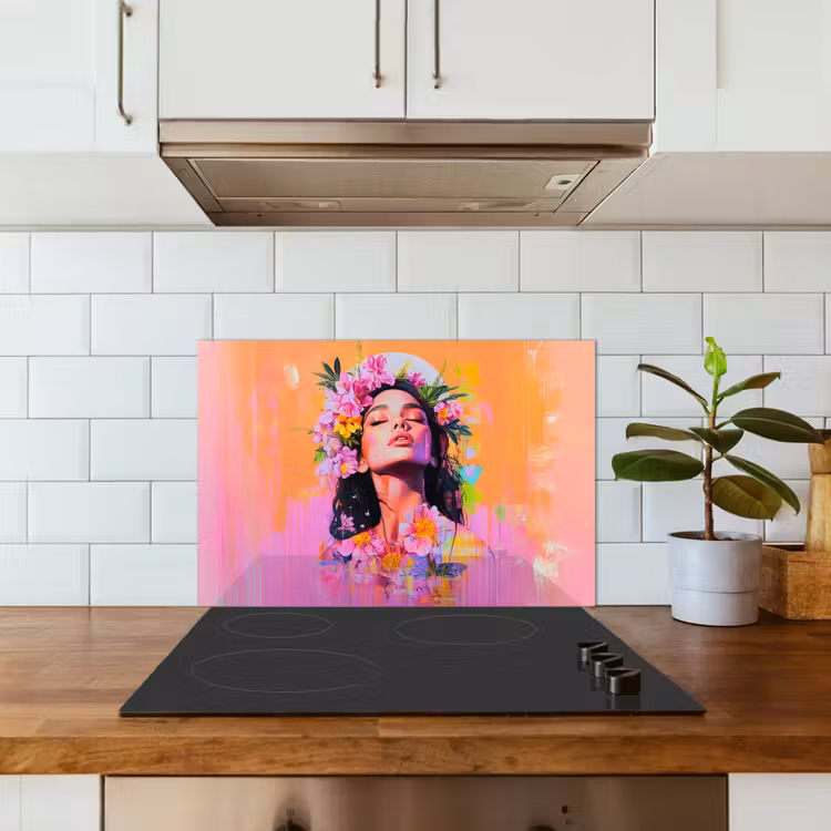 Portret - Bloemenkroon - Vrouw keuken achterwand spatscherm klein -sfeer2