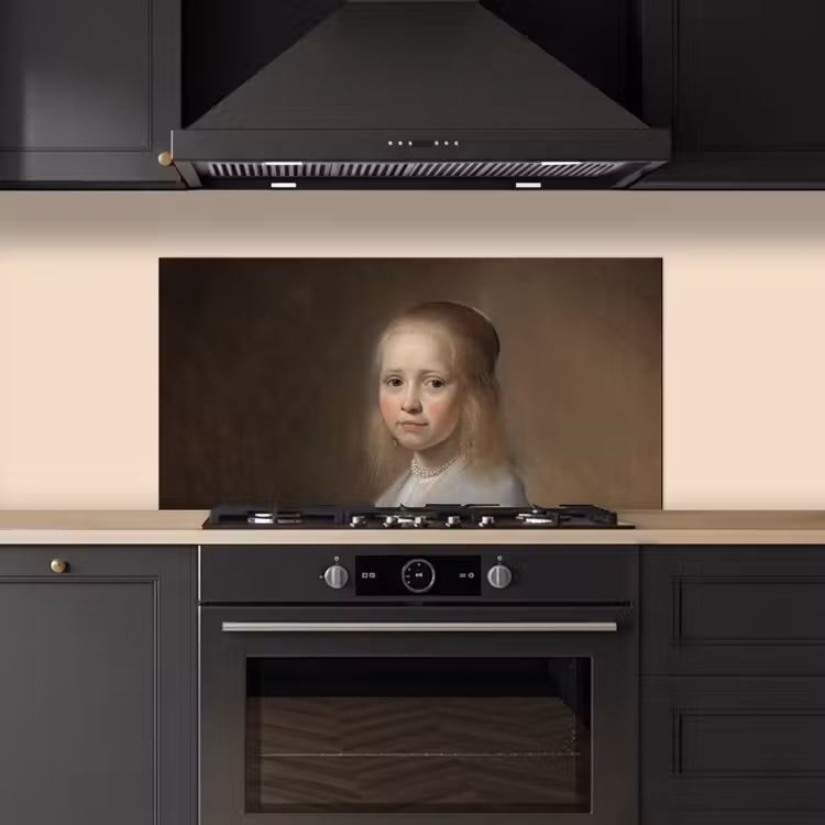 Portret van een meisje in het blauw - Schilderij van Johannes Cornelisz. Verspronck keuken achterwand spatscherm middel -sfeer1