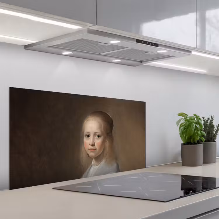 Portret van een meisje in het blauw - Schilderij van Johannes Cornelisz. Verspronck keuken achterwand spatscherm middel -3d_schuin