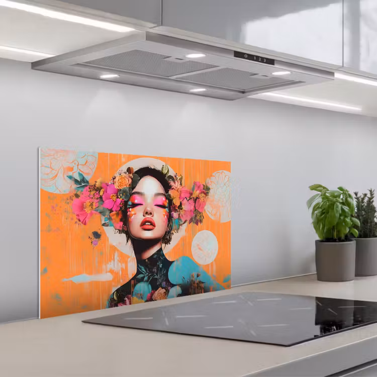 Portret - Vrouw - Abstract - Bloemen keuken achterwand spatscherm klein -3d_schuin
