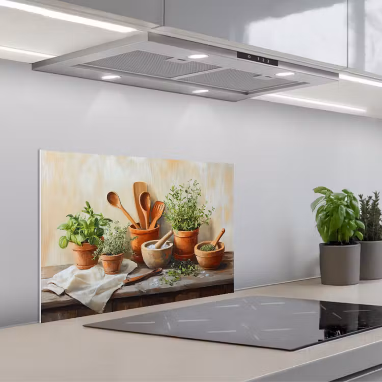 Potten - Kruiden - Hout keuken achterwand spatscherm klein -3d_schuin