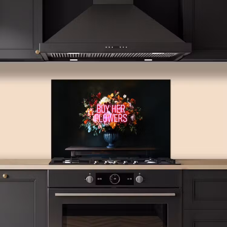 Quote - Bloemen - Vaas - Neon keuken achterwand spatscherm klein -sfeer1