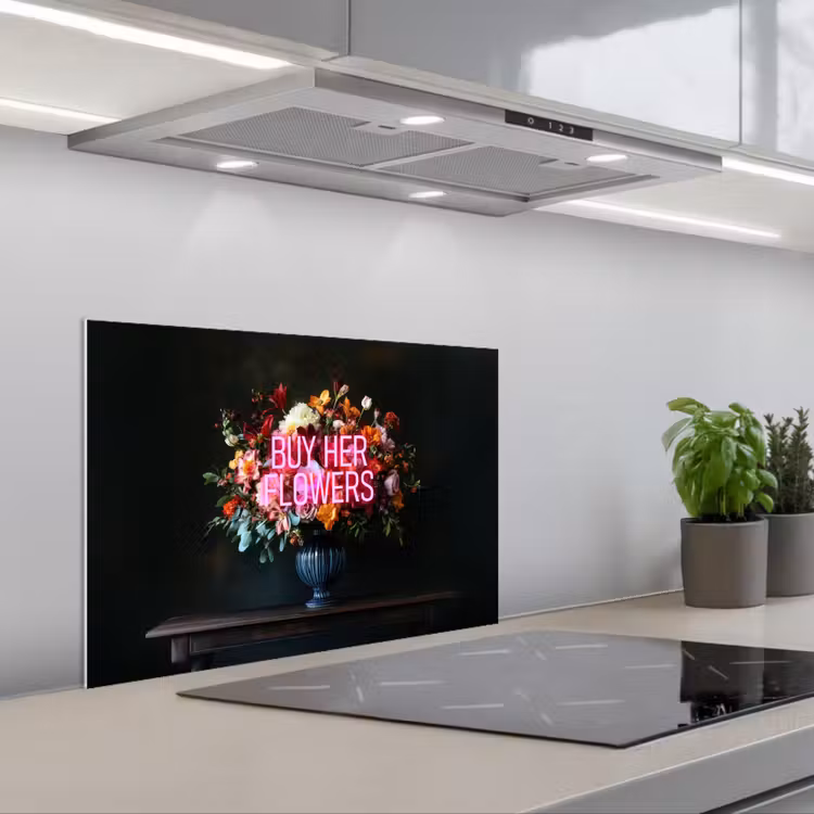 Quote - Bloemen - Vaas - Neon keuken achterwand spatscherm klein -3d_schuin