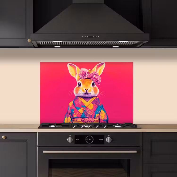 Konijn - Bloemen - Kleurrijk - Kimono keuken achterwand spatscherm klein -sfeer1