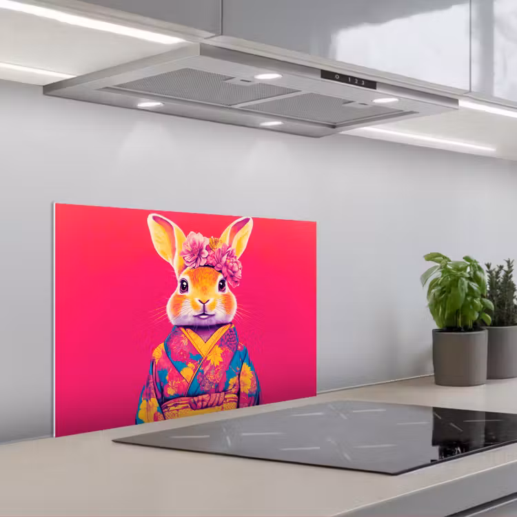 Konijn - Bloemen - Kleurrijk - Kimono keuken achterwand spatscherm klein -3d_schuin