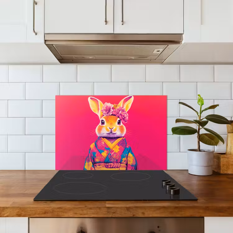 Konijn - Bloemen - Kleurrijk - Kimono keuken achterwand spatscherm klein -sfeer2