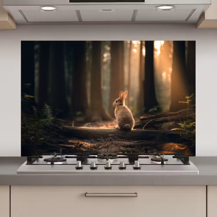 Konijn - Bos - Zonnestralen keuken achterwand spatscherm klein -3d_website