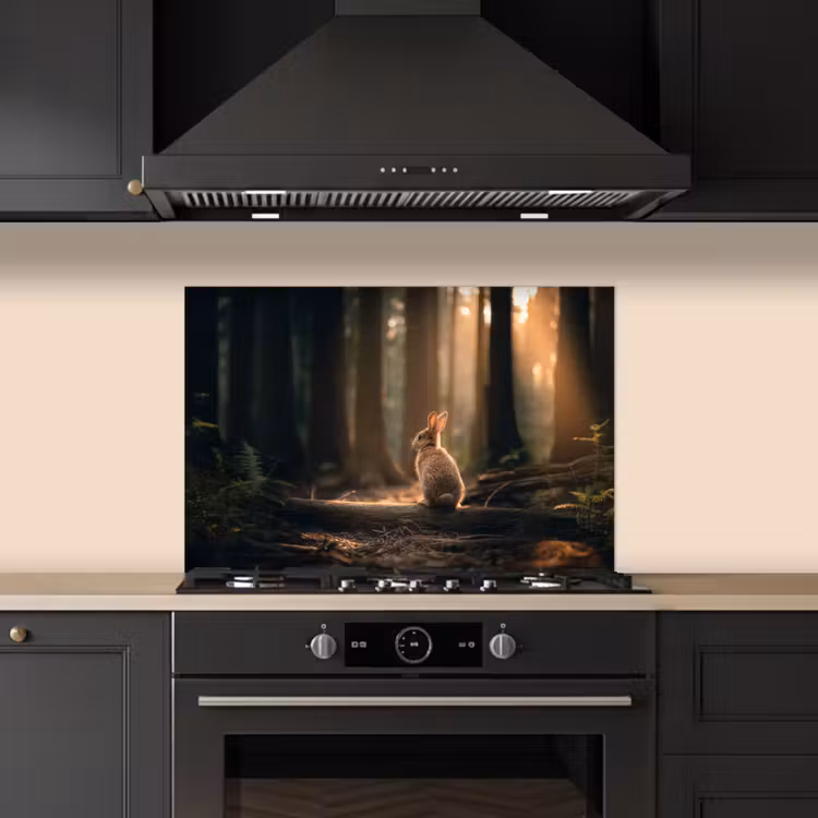 Konijn - Bos - Zonnestralen keuken achterwand spatscherm klein -sfeer1