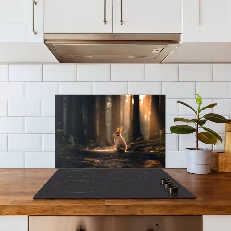 Konijn - Bos - Zonnestralen keuken achterwand spatscherm klein -sfeer2