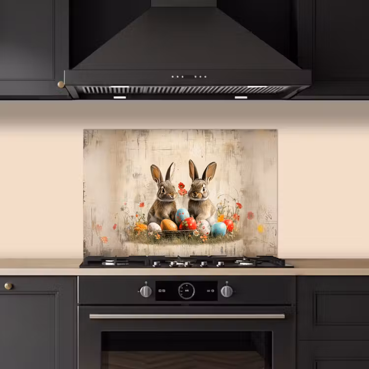 Konijnen - Bloemen - Eieren keuken achterwand spatscherm klein -sfeer1