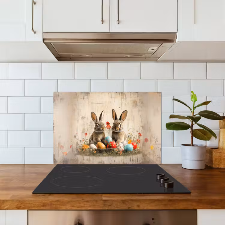 Konijnen - Bloemen - Eieren keuken achterwand spatscherm klein -sfeer2