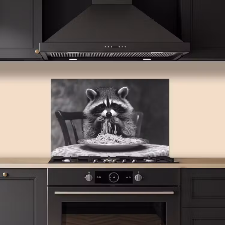 Wasbeer - Cute - Pasta - Tafelkleed - Zwart - Wit keuken achterwand spatscherm klein -sfeer1