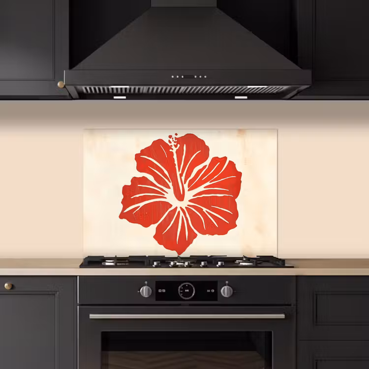 Rode hibiscusbloem - Textuur achtergrond - Beige keuken achterwand spatscherm klein -sfeer1