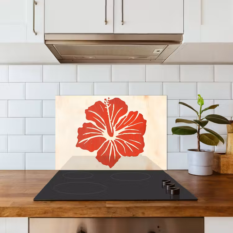 Rode hibiscusbloem - Textuur achtergrond - Beige keuken achterwand spatscherm klein -sfeer2