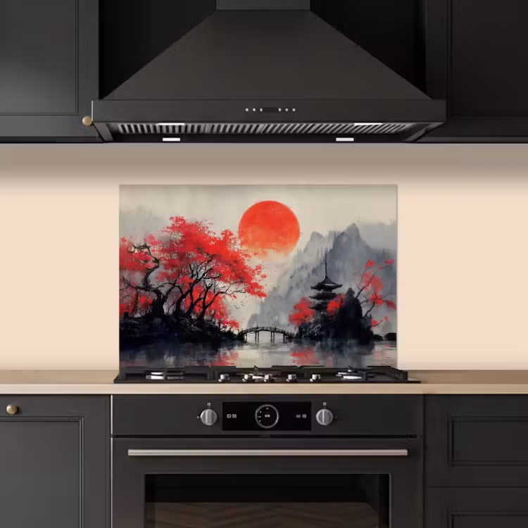 Rode zon - Rivier - brug - Bomen keuken achterwand spatscherm klein -sfeer1