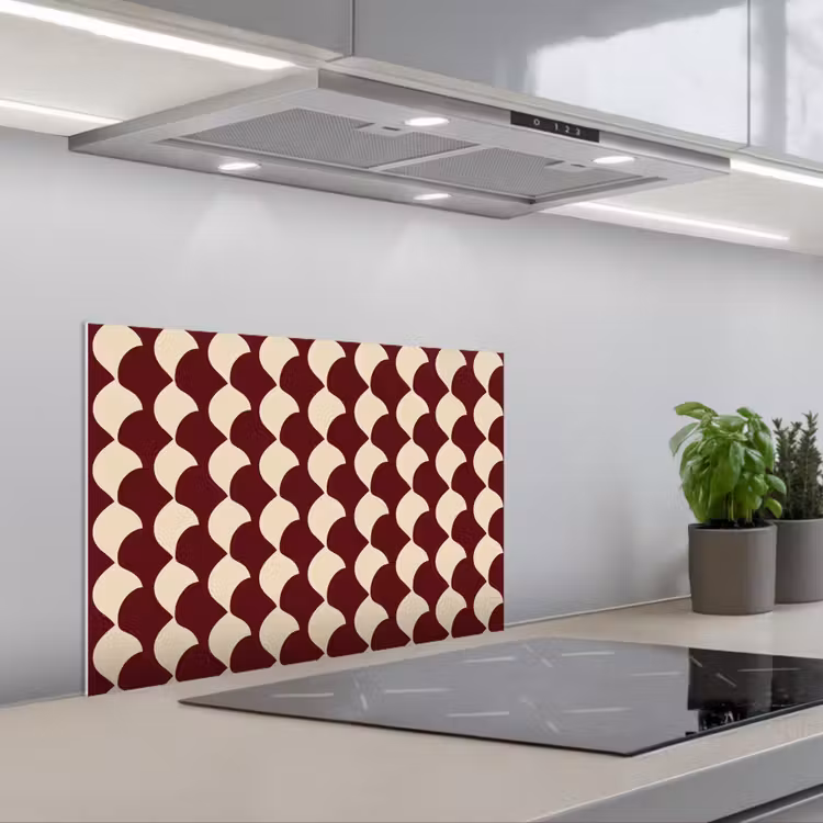 Rood - Tegelpatroon - Crème keuken achterwand spatscherm klein 900 -3d_schuin