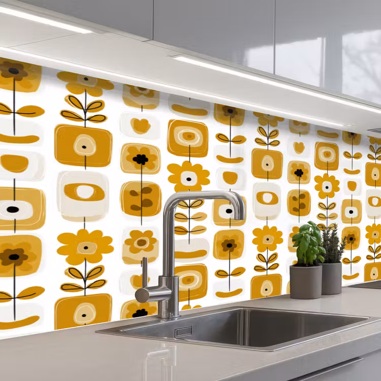 Retro - Abstract - Bloemen - Okergeel keuken achterwand 2 middel 871 -3d_schuin