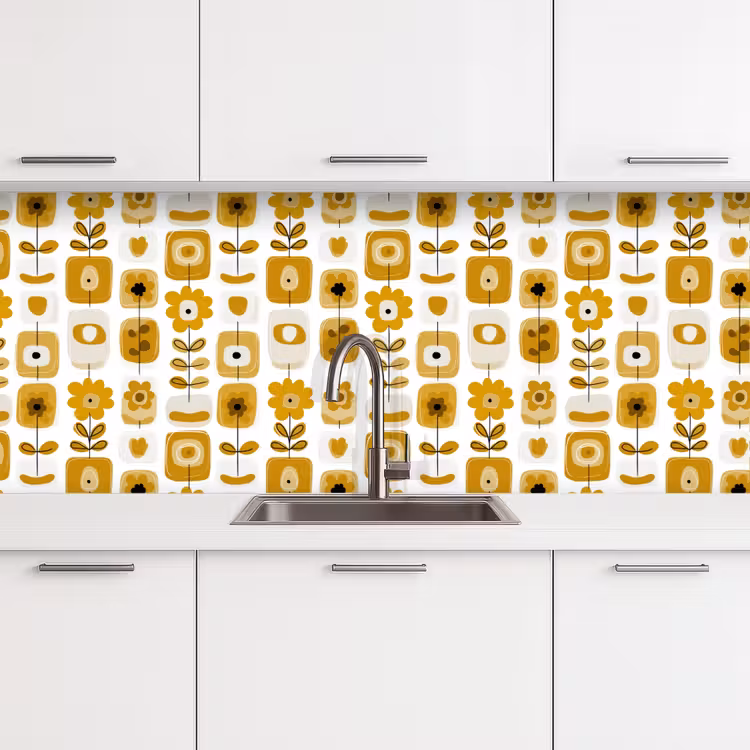 Retro - Abstract - Bloemen - Okergeel keuken achterwand 2 middel 871 -3d