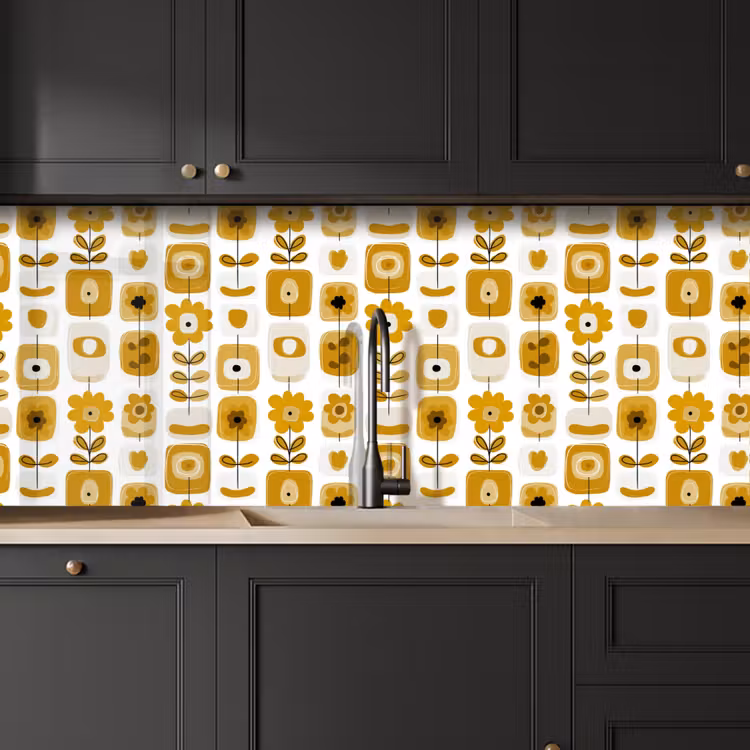 Retro - Abstract - Bloemen - Okergeel keuken achterwand 2 middel 871 -sfeer1