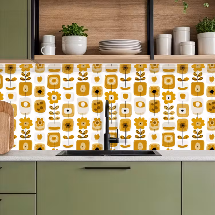 Retro - Abstract - Bloemen - Okergeel keuken achterwand 2 middel 871 -sfeer3