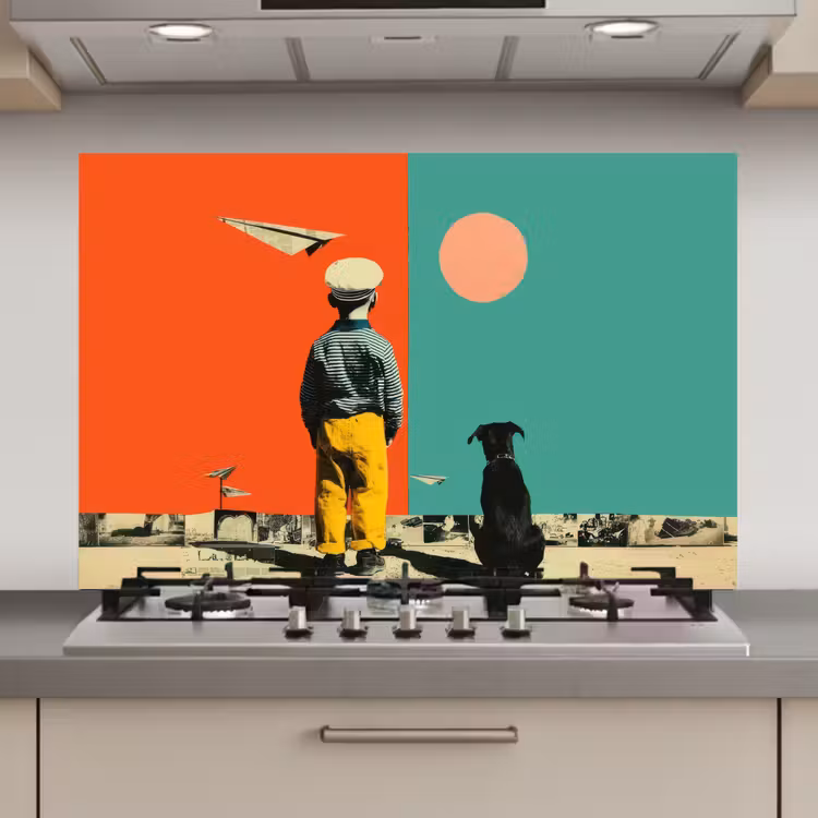 Retro - Jongen - Hond - Rood - Groen keuken achterwand spatscherm klein -3d_website