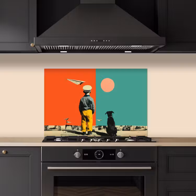 Retro - Jongen - Hond - Rood - Groen keuken achterwand spatscherm klein -sfeer1