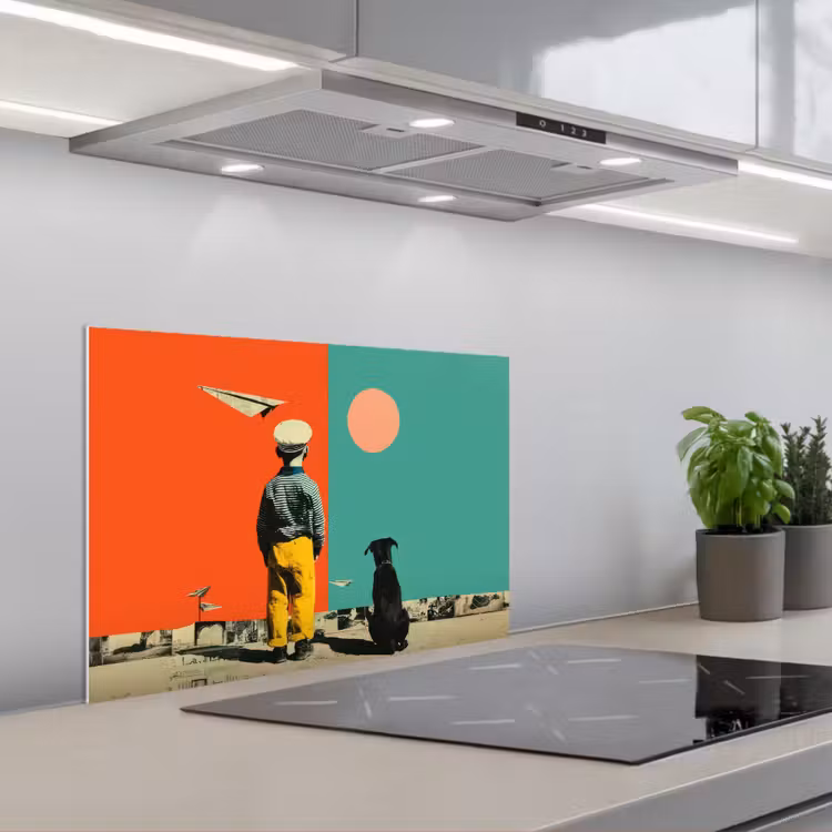 Retro - Jongen - Hond - Rood - Groen keuken achterwand spatscherm klein -3d_schuin