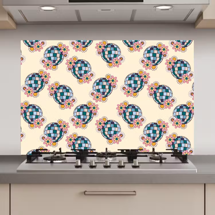 Retro - Disco - Bloemen - Discobal keuken achterwand spatscherm klein 900 -3d_website