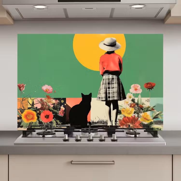 Retro - Meisje - Kat - Zon keuken achterwand spatscherm klein -3d_website