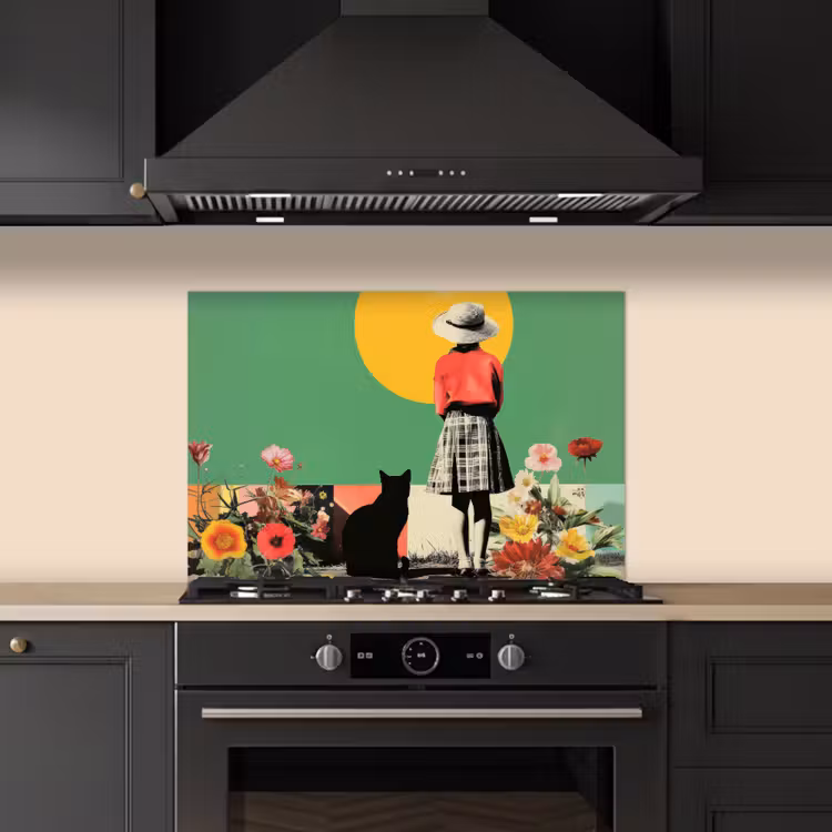 Retro - Meisje - Kat - Zon keuken achterwand spatscherm klein -sfeer1