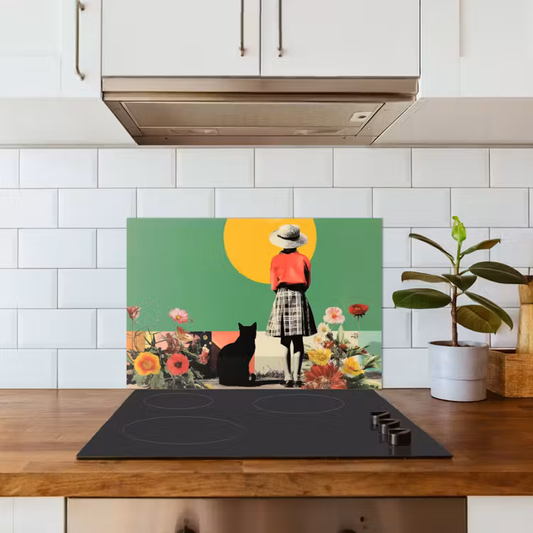 Retro - Meisje - Kat - Zon keuken achterwand spatscherm klein -sfeer2