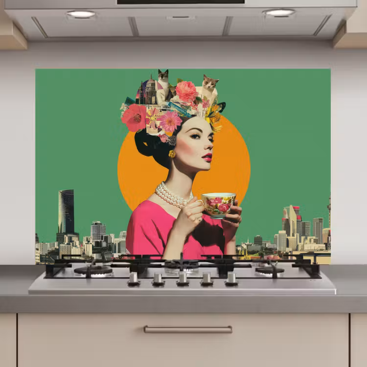 Retro - Vrouw - Stad - Zon keuken achterwand spatscherm klein -3d_website