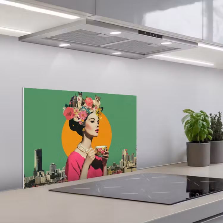 Retro - Vrouw - Stad - Zon keuken achterwand spatscherm klein -3d_schuin