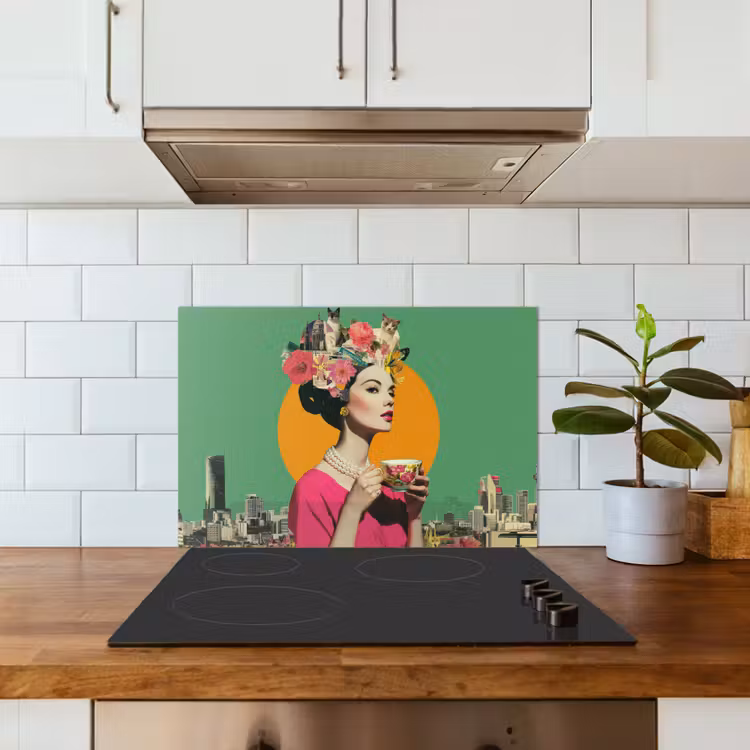 Retro - Vrouw - Stad - Zon keuken achterwand spatscherm klein -sfeer2