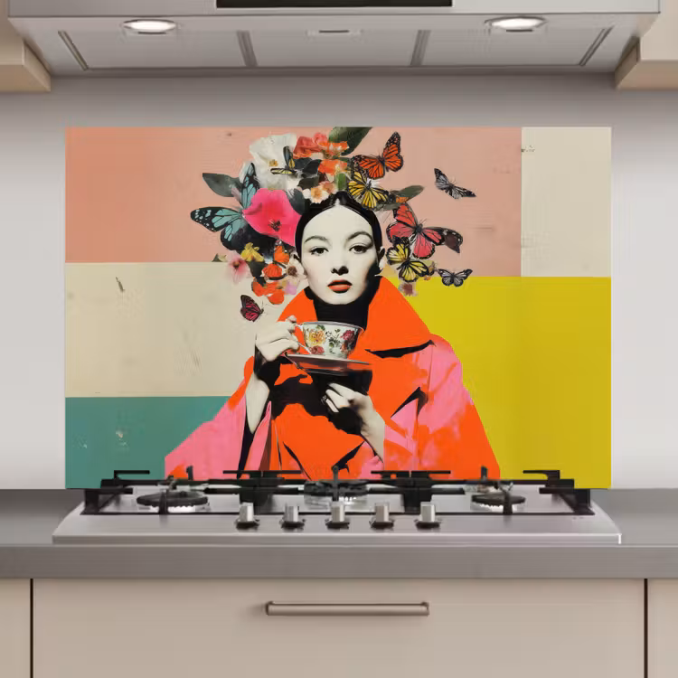 Retro - Vrouw - Kopje - Vlinders keuken achterwand spatscherm klein -3d_website