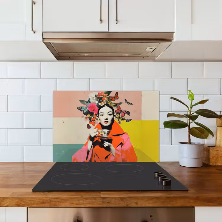 Retro - Vrouw - Kopje - Vlinders keuken achterwand spatscherm klein -sfeer2