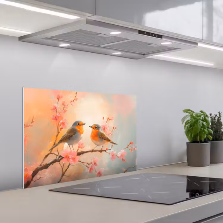 Roodborstjes - Sierlijk - Bloesemtak keuken achterwand spatscherm klein -3d_schuin