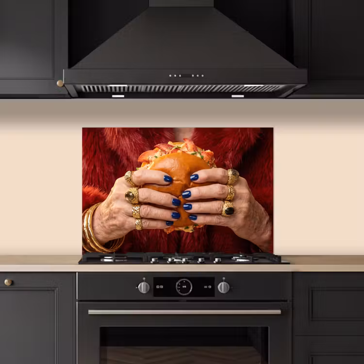Broodje - Bontjas - Goud keuken achterwand spatscherm klein -sfeer1