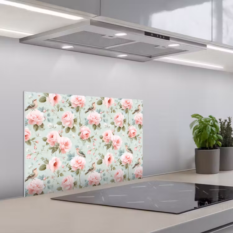 Rozen - Vogels - Pastel - Kleurrijk keuken achterwand spatscherm klein 900 -3d_schuin