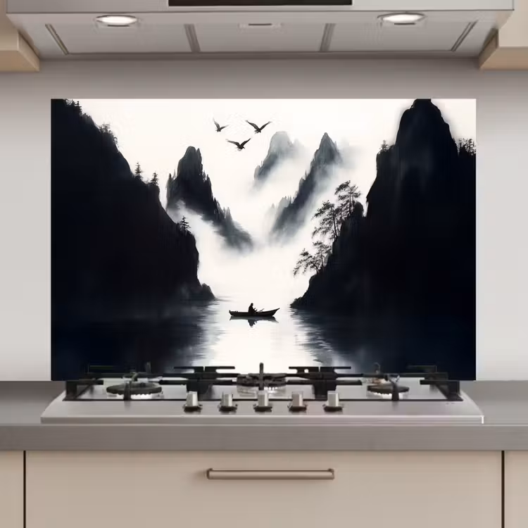 Roeiboot - Mistig - Bergen - Vogels keuken achterwand spatscherm klein -3d_website